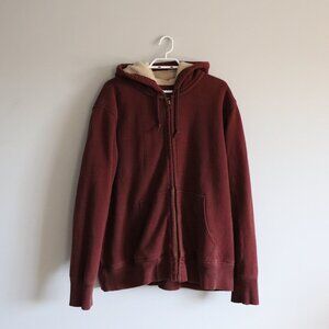 Eddie Bauer Men's Sz XXL Red Full Zip Hooded Long Sleeve Sherpa Pocket Sweater